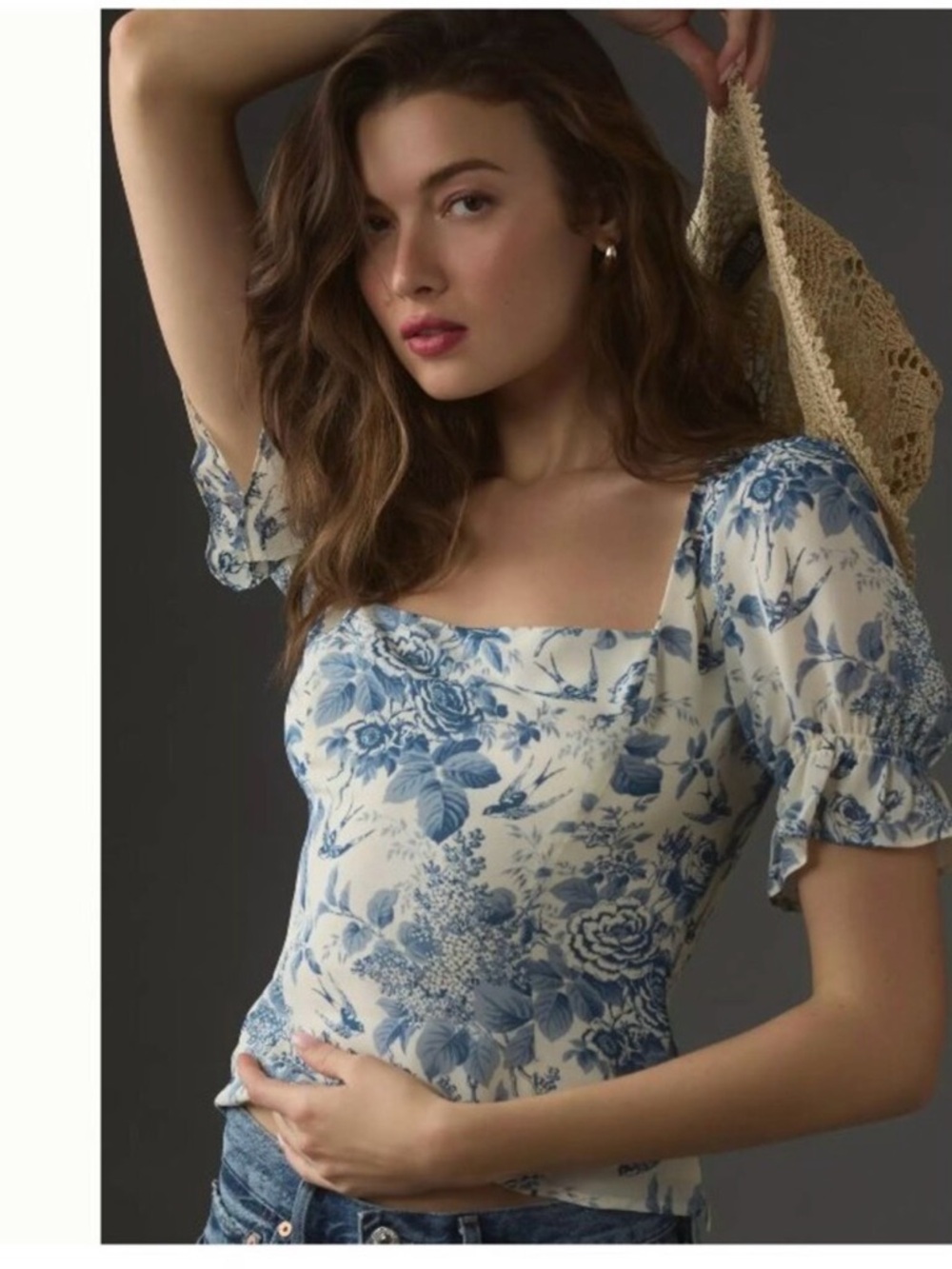 Reformation Blue and Cream Floral Square-Neck Puff Sleeve Top